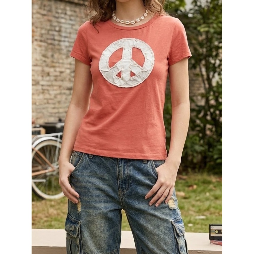 Vintage Y2K Coral Raw Edge Appliqué Peace Sign Graphic Tee S Boho Indie Sleeze